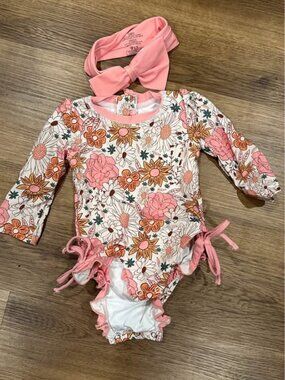 Caden Lane Boho Floral Print Infant Girl long sleeve rash guard with bow 3-6m